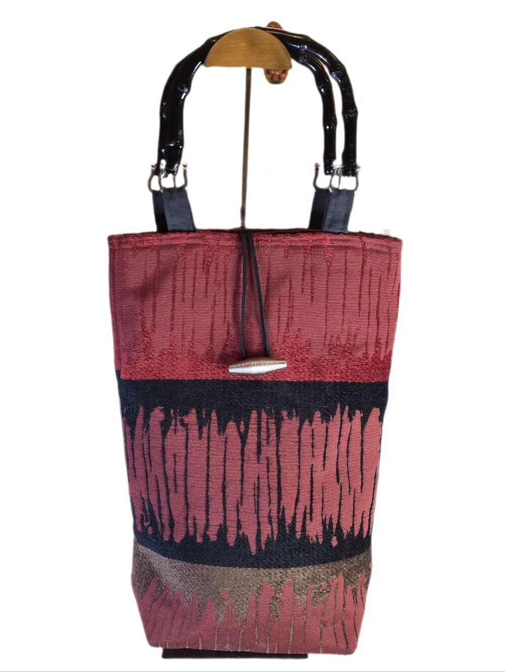 Moesart Artisan Fabric Bucket Bag Woodgrain Bamboo Handle Rare EUC